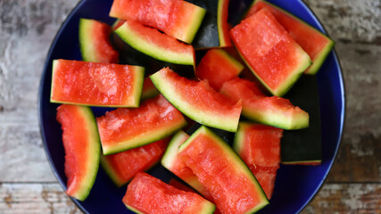 Watermelon peels on a plate. Close-up.