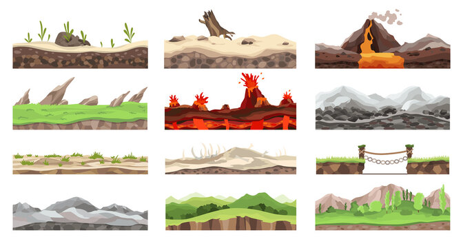 Collection game landscapes. Cartoon design nature. Landscape of soil sections. Illustration of cross section ground slices isolated on white background