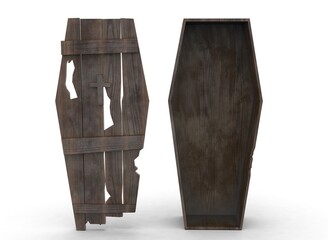 old wooden coffin on the white background 3d-rendering