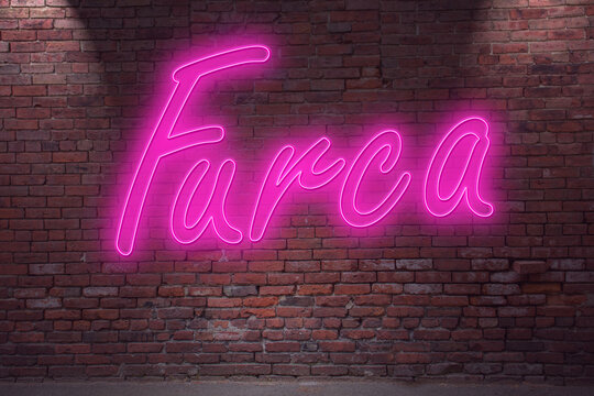 Neon BDSM Furca (bondag, discipline, dominance, submission) lettering on Brick Wall at night