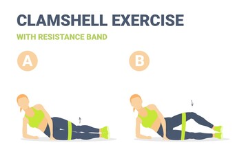 Woman Doing Clamshell with Resistance Band Exercise. Woman Hip Abduction With Rubber Loop.