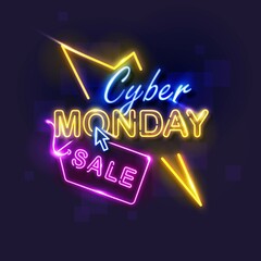 cyber monday concept with neon  vector design illustration