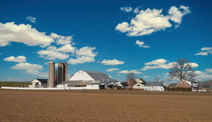 View of Farm Countryside With Blue Sky and White Clouds on a Winter Day