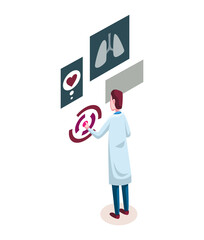 Medicine researcher isometric. Doctor considers the results of research. Isometric  illustration kit with people character