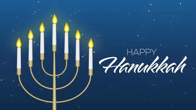Happy Hanukkah Greeting Animated Text, Menorah with Burning Candles on Falling Snowflakes Background