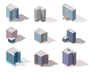 Collection isometric offices. Town apartment building city map creation with street and cars. Architectural  3d illustrations. Infographic elements. City house compositions