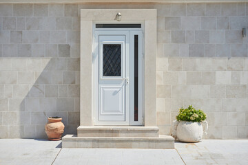 White front door with glass on the facade of the house - obrazy, fototapety, plakaty