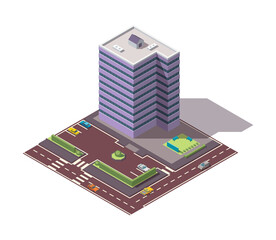 Offices isometric. Architecture building facade of business center. Infographic element. Architectural  3d illustration. City house composition with roads