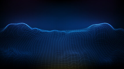 abstract futuristic blue background wireframe landscape, Polygonal mountains, data flow map system technology style
