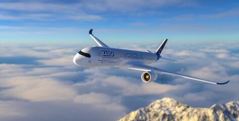 Fototapeta na wymiar Blue Hydrogen filled H2 Aeroplane flying in the sky - future H2 energy concept.