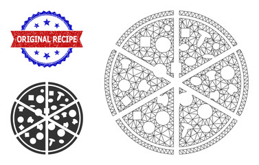 Mesh pizza portions carcass icon, and bicolor rubber Original Recipe seal stamp. Mesh wireframe illustration is based on pizza portions icon.