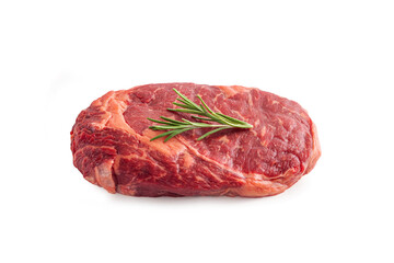 Raw rib eye steak of beef with rosemary isolated on white background