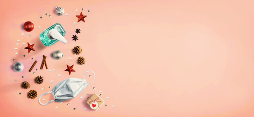 Christmas ornaments with a mask and a sanitizer bottle from above