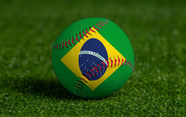 Baseball with Brazil flag on green grass background, close up