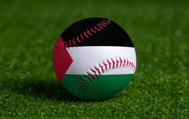 Baseball with Palestine flag on green grass background, close up