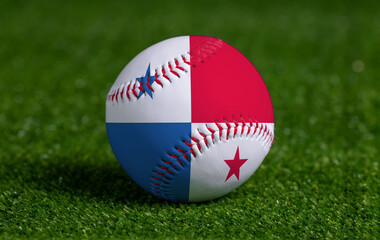 Baseball with Panama flag on green grass background, close up