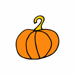 Doodle Pumpkin isolated on white background. Orange hand-drawn vegetable. Cartoon ripe harvest gourd sign. Farm product symbol. Vector illustration for autumn holiday, market, Halloween, Thanksgiving