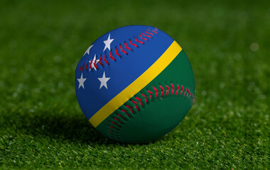 Baseball with Solomon Islands flag on green grass background, close up