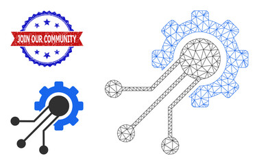 Mesh sensor cog framework icon, and bicolor unclean Join Our Community watermark. Mesh wireframe image designed with sensor cog icon.