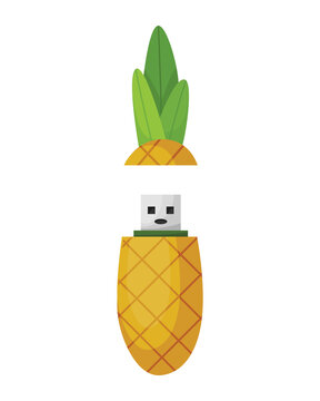 USB Flash Drive Icon. Cartoon Symbol Of Pineapple. Colored Memory Stick Isolated On White Background In Flat Style