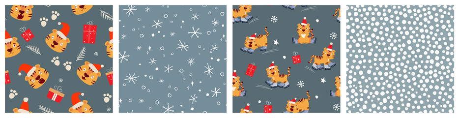 A set of seamless winter New Year's pattern with the symbol of the year with a funny tiger cub in Christmas hats on skates with gifts, snowflakes, ice. Vector graphics.