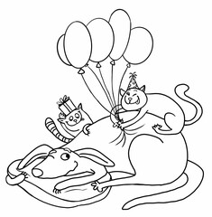 Two funny cartoon cats waking up the dog with happy birthday wishes. Surprise party. Holding balloons and a gift box. Hand drawn black and white outline illustration. Coloring book page. 
