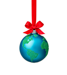 Globe christmas ornament isolated on white with a red bow. Peace on Earth, eco friendly or winter...
