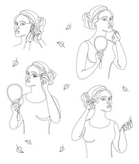 Collection. Silhouettes of a lady. The girl does mauiyage, paints lips, eyelashes, cheeks, earrings in a modern solid line style. Sketches, posters, stickers, logo. Set of vector illustrations.