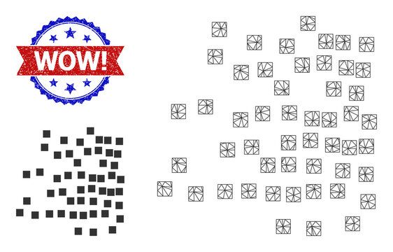 Mesh scattered square particles framework icon, and bicolor grunge Wow! stamp. Mesh carcass illustration is designed with scattered square particles icon.