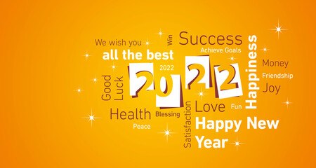 Obraz premium Happy New Year 2022 white negative space numbers word cloud text orange yellow isolated background vector