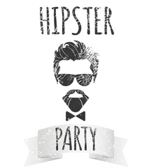 Hipster male with eyeglasses with lettering - Hipster party. Fashion vintage Vector illustration for logo, poster and t-shirt.