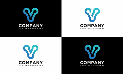 Letter V tech logo template, abstract dot connection concept, technology vector illustration on a black and white background.