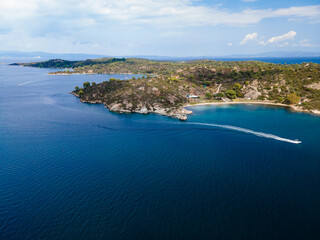 Fototapeta na wymiar Breathtaking drone photo of the bay of Vourvourou, in Northern Greecem Halkidiki 