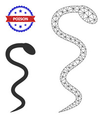 Mesh snake carcass icon, and bicolor scratched Poison seal. Mesh carcass symbol is designed with snake icon. Vector watermark with Poison text inside red ribbon and blue rosette,