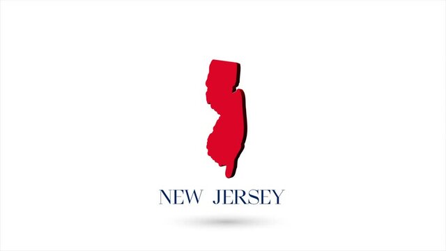 3d animated flat map showing the state of New Jersey from the United State of America on white background. USA. Rotating map of New Jersey with shadow. USA. 4k video