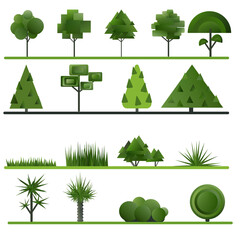 Set of abstract trees, shrubs, grass on a white background. Vector illustration.