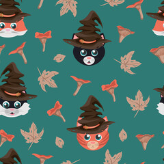 Seamless vector pattern with cats of different breeds in brown witch hat, maple leaves and chanterelle mushrooms isolated on green background. Autumn cartoon illustration.