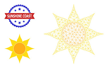 Mesh sun wireframe icon, and bicolor grunge Sunshine Coast seal stamp. Mesh carcass image is based on sun icon. Vector seal with Sunshine Coast caption inside red ribbon and blue rosette,