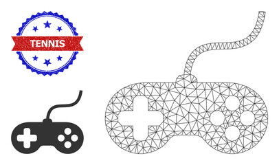 Polygonal playing console wireframe icon, and bicolor unclean Tennis seal. Polygonal wireframe symbol designed with playing console icon. © Tensor Designs