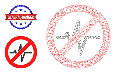 Obraz premium Triangular stop pulse model illustration, and bicolor scratched General Danger seal stamp. Polygonal wireframe illustration designed with stop pulse pictogram.