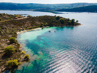 Breathtaking drone photo of the bay of Vourvourou, in Northern Greecem Halkidiki 