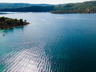 Breathtaking drone photo of the bay of Vourvourou, in Northern Greecem Halkidiki 