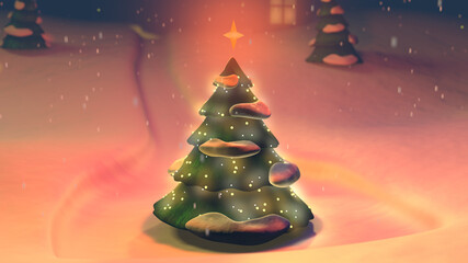 Decorated christmas tree with the star on the top, purple snowy background, illustration