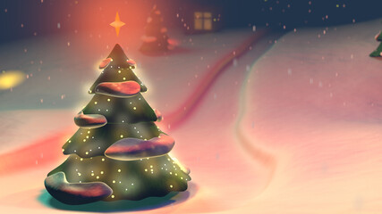 Decorated christmas tree, snowy background, illustration