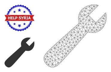Net wrench carcass icon, and bicolor dirty Help Syria seal stamp. Mesh carcass illustration based on wrench icon. Vector imprint with Help Syria text inside red ribbon and blue rosette,
