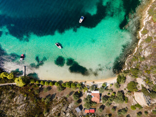 Breathtaking drone photo of the bay of Vourvourou, in Northern Greecem Halkidiki 