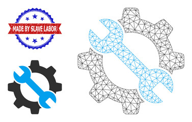Triangular repair tools carcass illustration, and bicolor unclean Made by Slave Labor stamp. Polygonal wireframe illustration designed with repair tools icon.