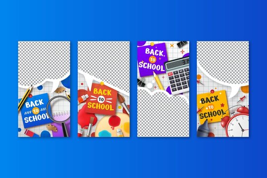 realistic back school vector design illustration instagram stories collection with photo
