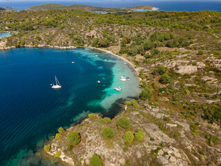 Breathtaking drone photo of the bay of Vourvourou, in Northern Greecem Halkidiki 