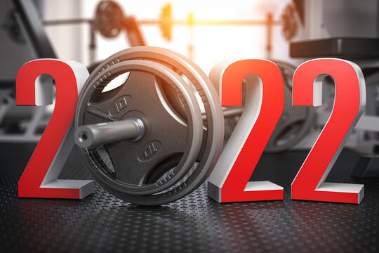 2022 Happy New Year  in fitness bodybuilding workout gym. Number 2022 with barbell and oter spoirt equipment.